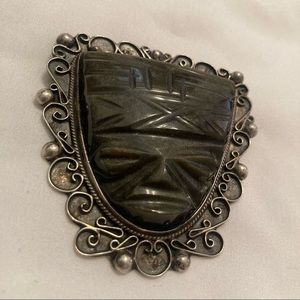 Stone and Silver Tiki Head Pendant Pin
